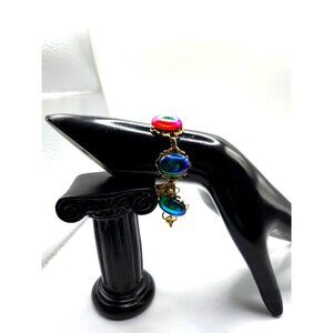 Vintage Fire Glass Bracelet Iridescent Dragon’s Breath Cabochons Goldtone 7"